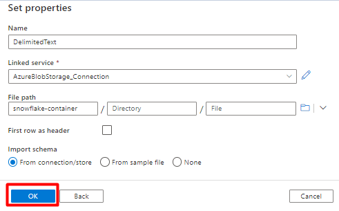 Skärmbild som visar hur du konfigurerar egenskaper för lagringsdatauppsättning för Snowflake i Azure Data Factory.