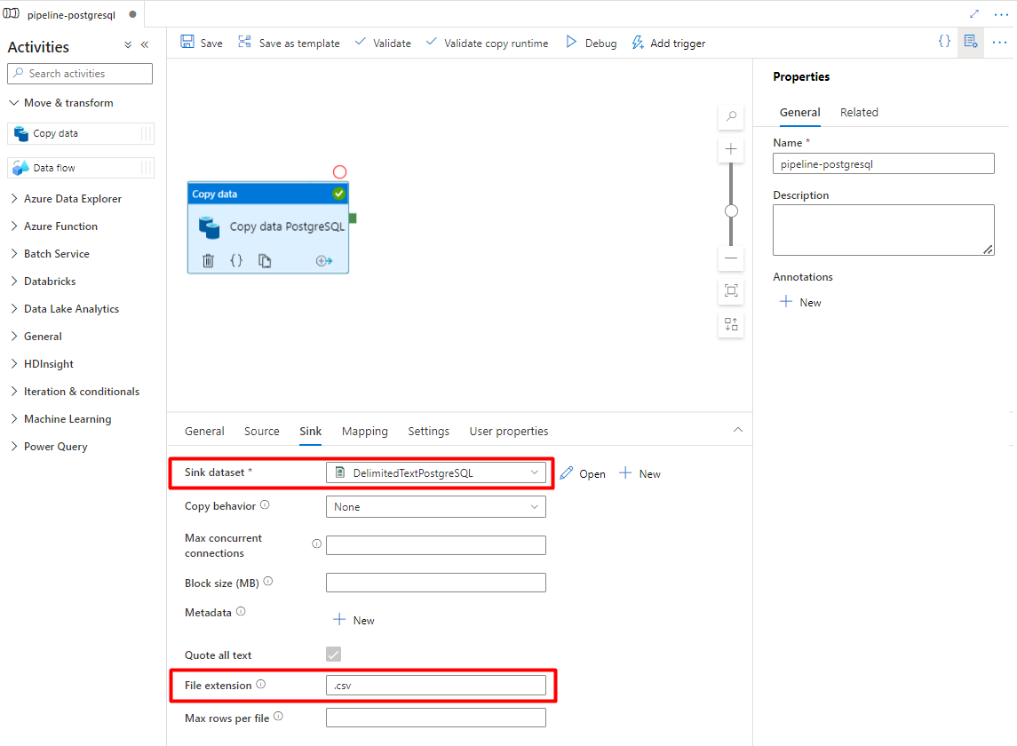 Skärmbild som visar hur du konfigurerar mottagare för att importera data från PostgreSQL till Azure Storage-blob.