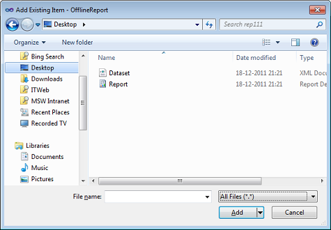 Plat_ExportReport_AddFiles Add Existing Item dialog box, file type All Files