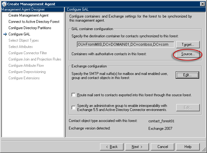 Configure GAL page, Source button