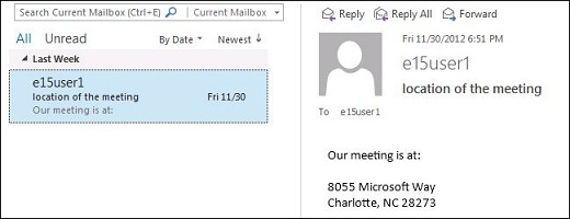 Skärmbild som visas när du visar ett e-postmeddelande.