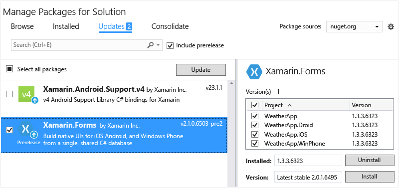 CrossPlat Xamarin FormsGuide 4 Updating the Xamarin.Forms NuGet package