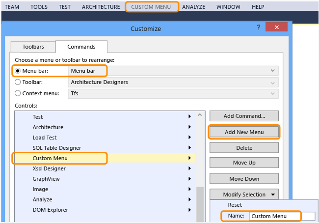 AddMenu Customize dialog box showing how to add a menu