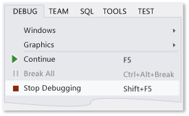 ExploreIDE-StopDebugging Stop Debugging command on the Debug menu