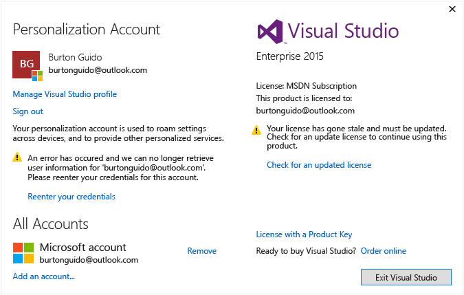 VS2013_UserInfo Visual Studio User Information Dialog