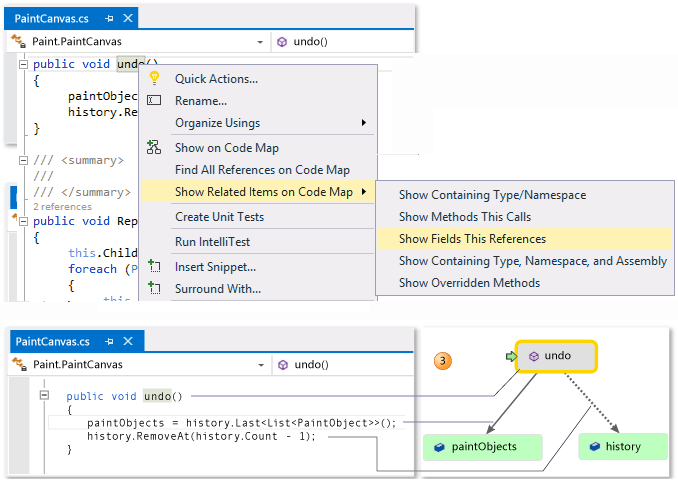 CodeMapStoryboardPaint3 Code map - Show method and related fields