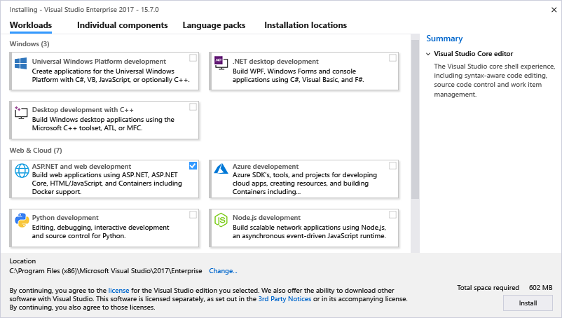 Visual Studio 2017 setup dialog