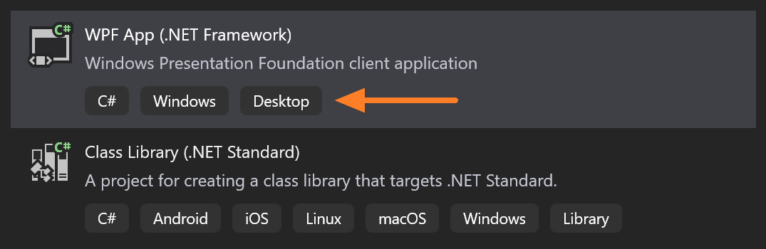 Project template with tags in the New Project dialog box