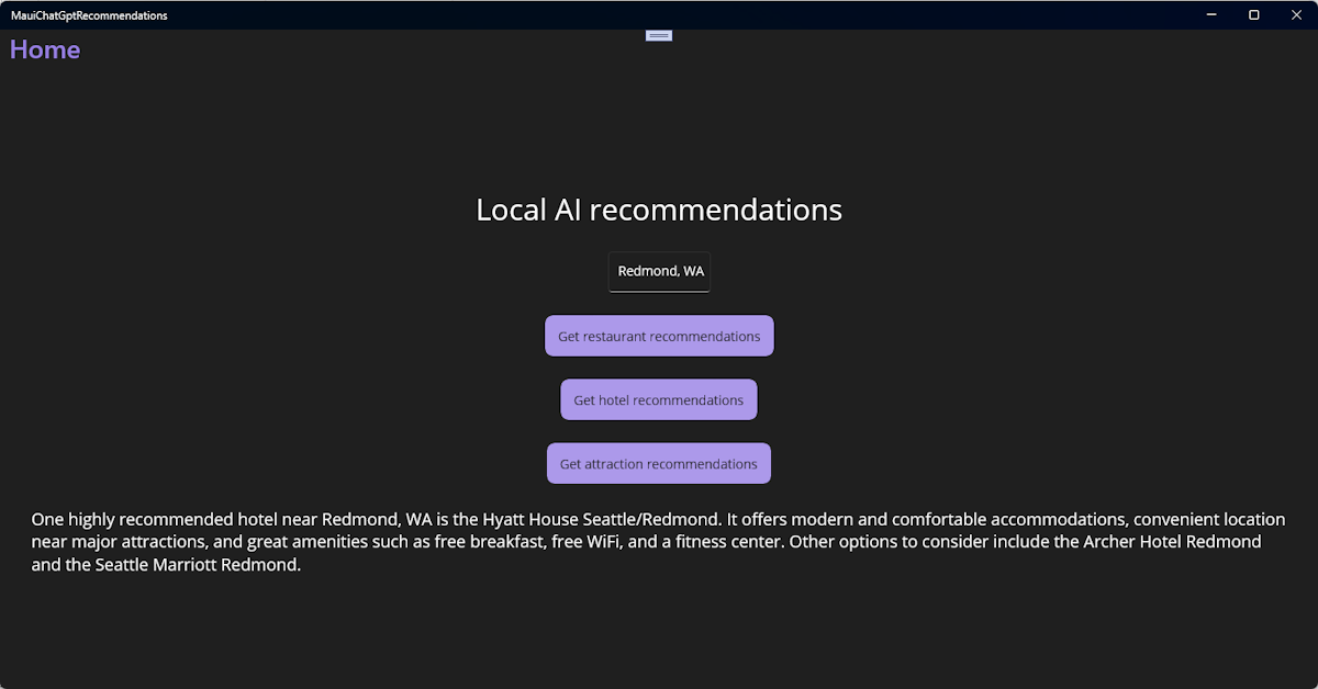 Windows .NET MAUI-app med användargränssnittet för att ge rekommendationer och resultat från ChatGPT.