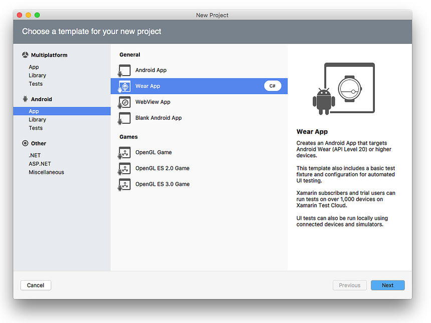 Select Wear App in the New Project dialog New project dialog