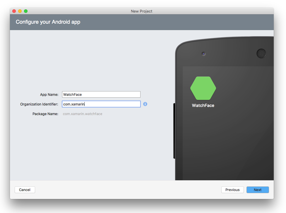 Set the package name to com.xamarin.watchface Package name setting