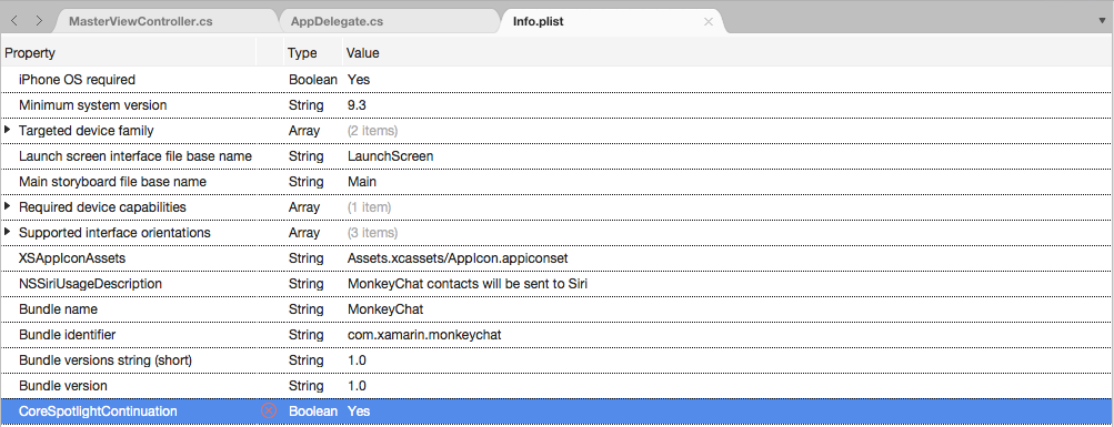 Editing CoreSpotlightContinuation in the Info.plist file