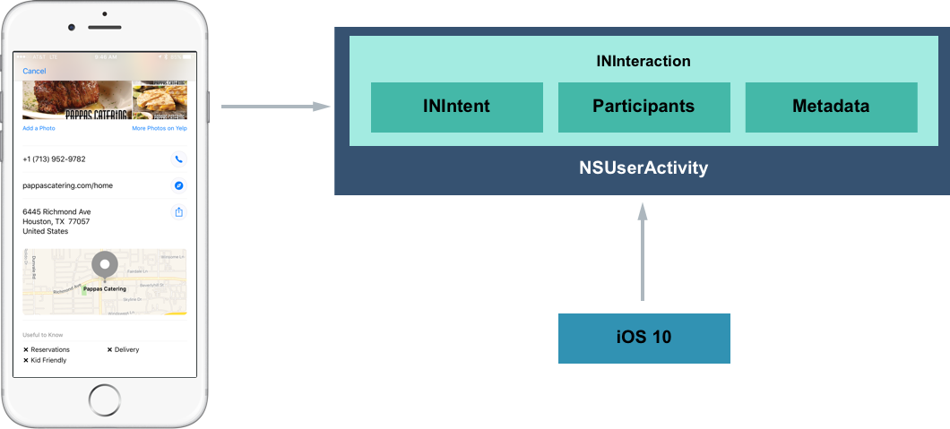 The interaction gets bundled with a NSUserActivity that is used to launch the app