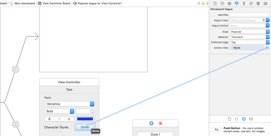 Dragging to create a new segue by attaching the Anchor View to the Button.