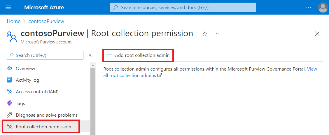 Screenshot of a Microsoft Purview account page in the Azure portal with the Root collection permission page selected and the Add root collection admin option highlighted.
