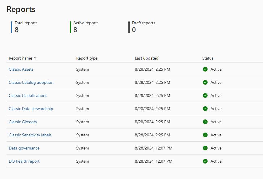 Screenshot of the reports page in data estate health.