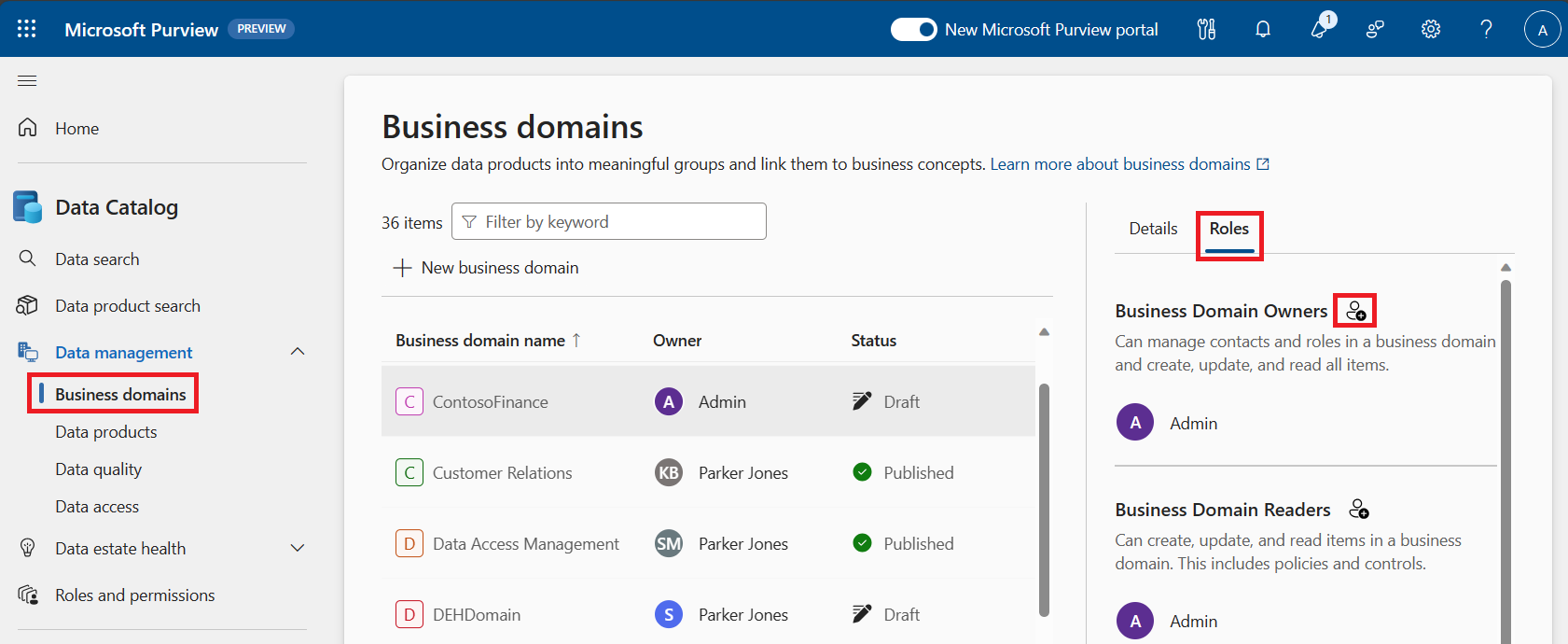Screenshot of the business domains roles page with the edit button highlighted.