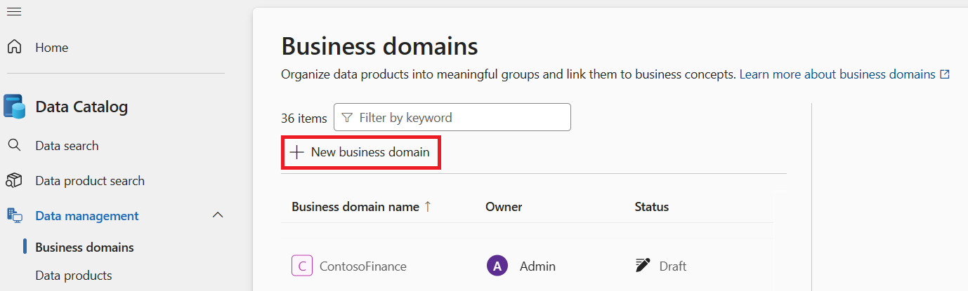 Screenshot of the business domains page, with the new business domain button highlighted.