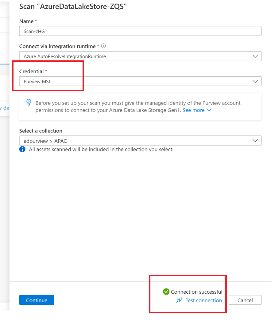 Screenshot that shows the managed identity option to run the scan