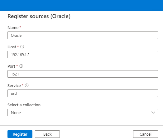 Screenshot of the register Oracle sources options.