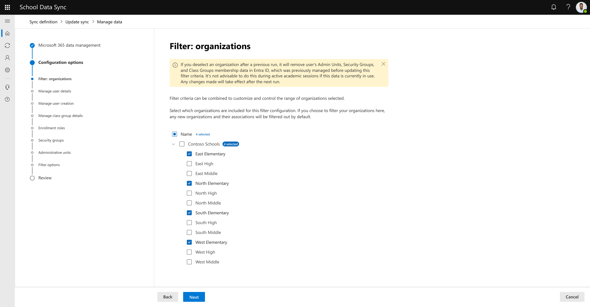 Screenshot that shows initial edit experience for filter by organizations.