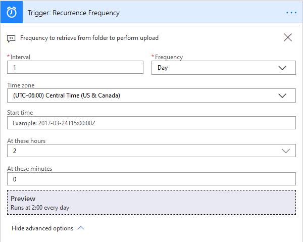 Screenshot that shows trigger recurrence configuration.
