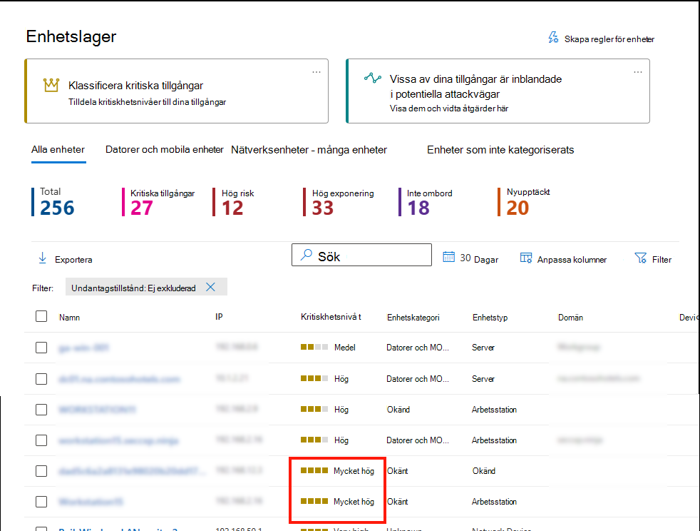 Skärmbild av fönstret Enhetsinventering som visar allvarlighetssortering.