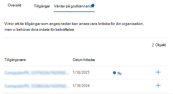 Skärmbild av fliken väntande godkännande i tillgångshantering.