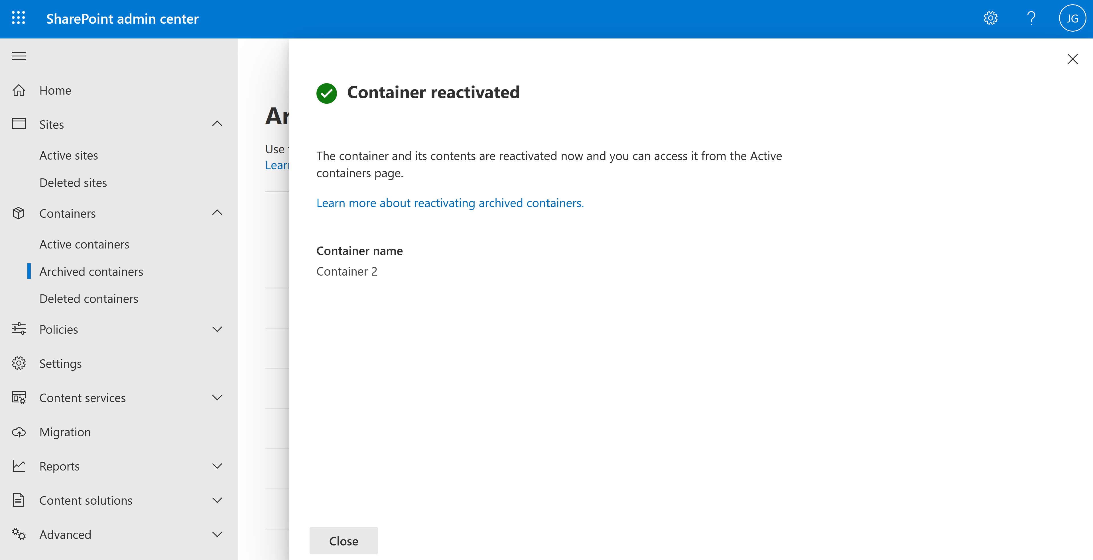 Container Reactivated Confirmation