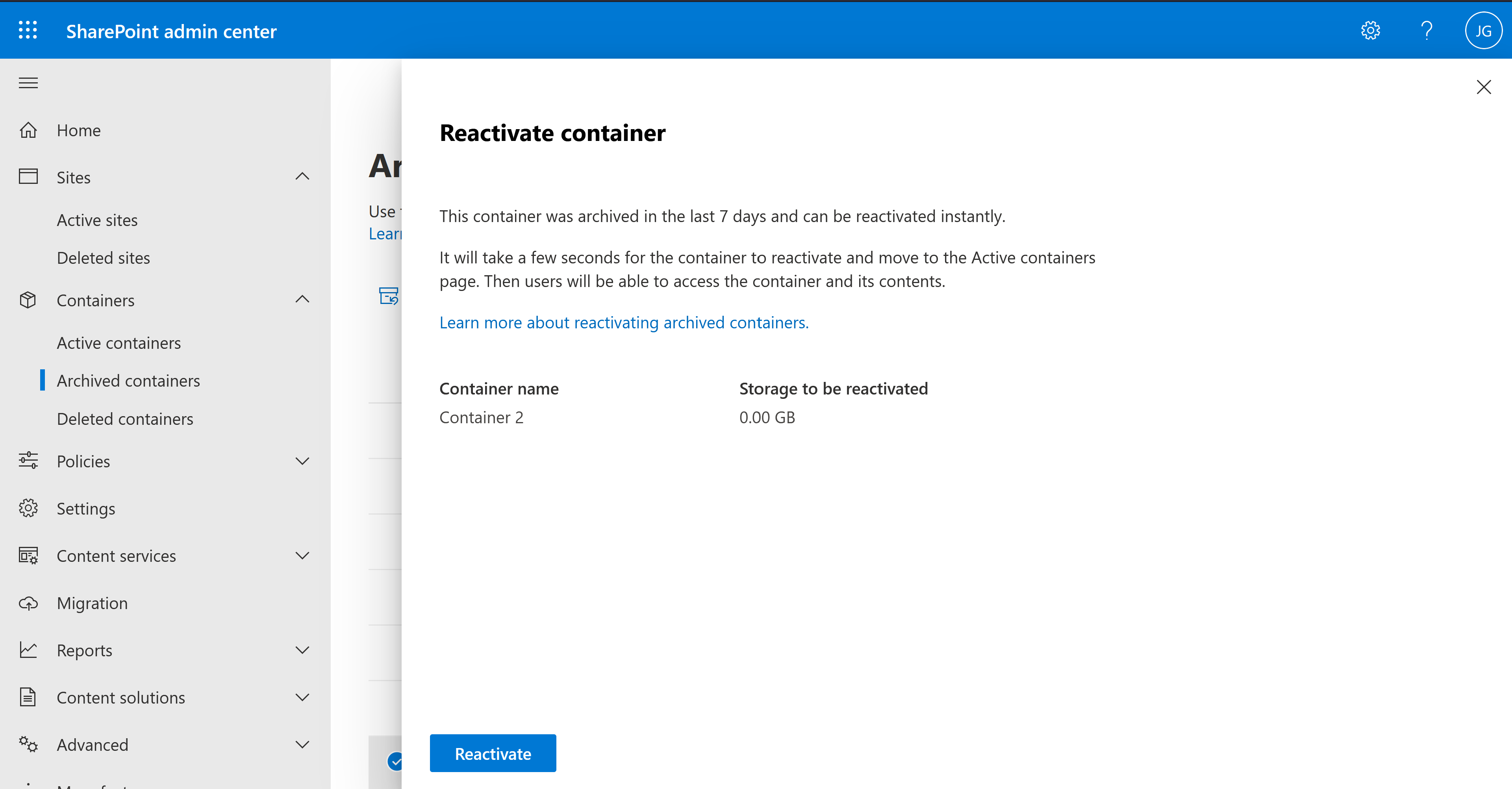 Reactivate Recently Archived Container Confirmation