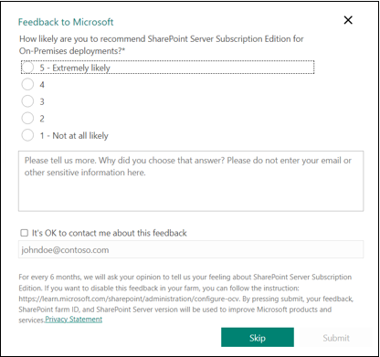 Screenshot that shows the feedback to Microsoft survey.