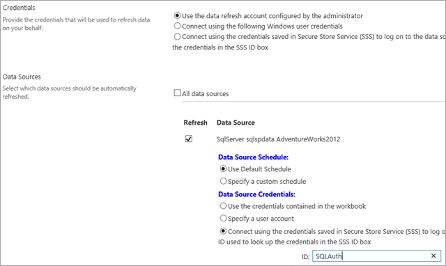 Skärmbild av sidan för schemainställning när det tredje alternativet under Autentiseringsuppgifter för datakälla har valts.