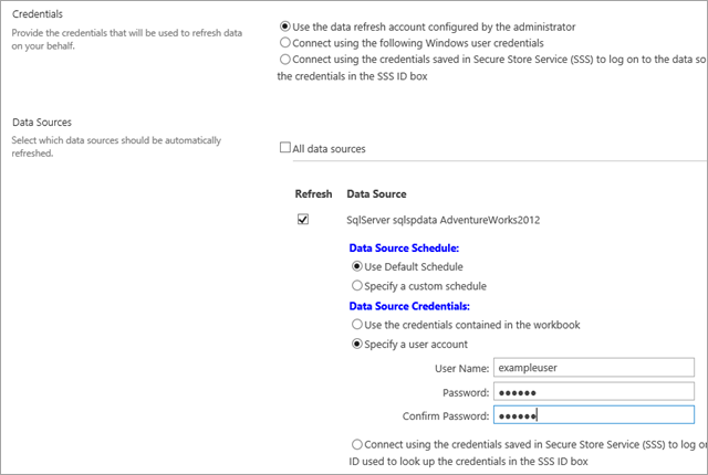 Skärmbild av sidan för schemainställning när det andra alternativet under Autentiseringsuppgifter för datakälla har valts.