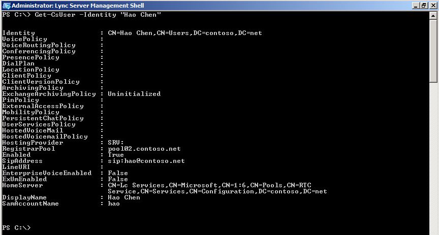 Output of PowerShell Get-UsUser -Identity cmdlet.