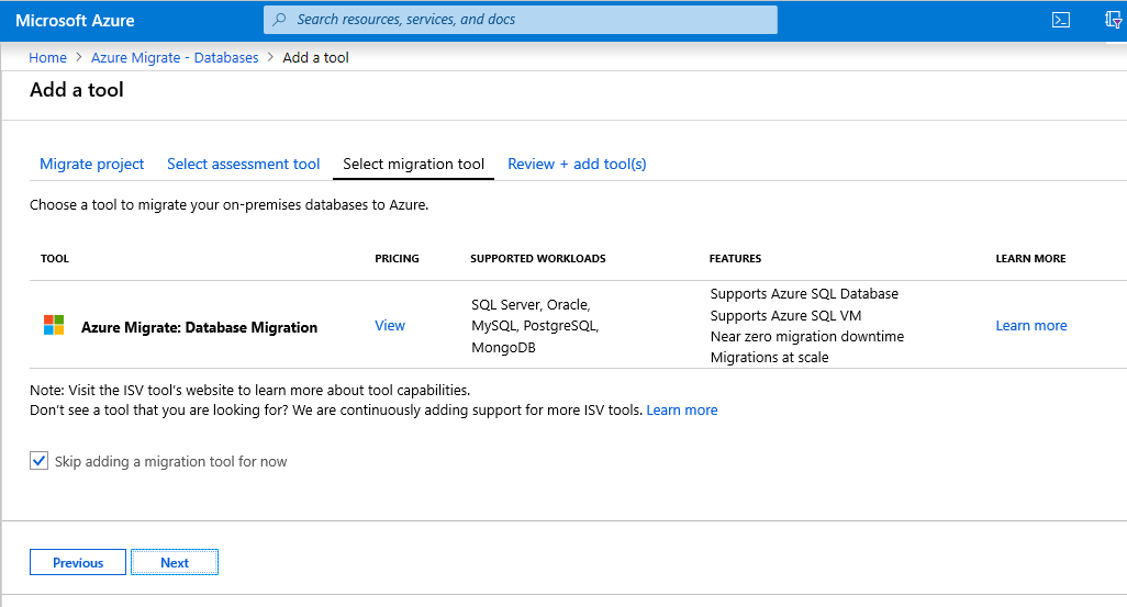 Azure Migrate - Select migration tool tab