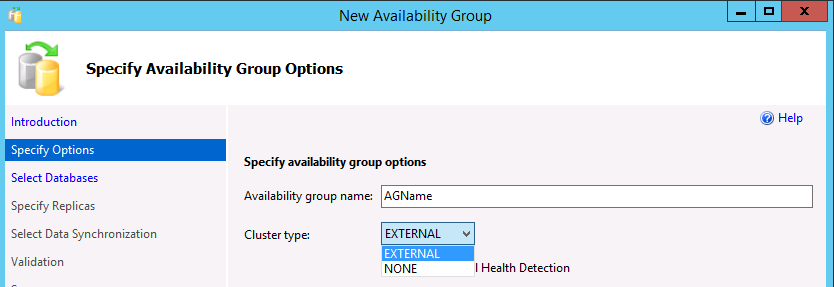 Screenshot of Create Availability Group showing cluster type.