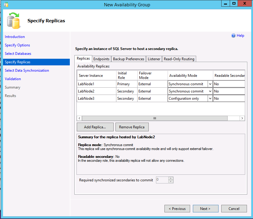 Screenshot of Create Availability Group showing the readable secondary option.
