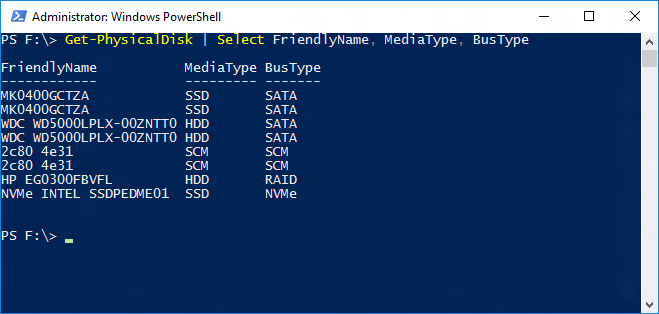 Get-PhysicalDisk Screenshot of a Windows Powershell window showing the output of the Get-PhysicalDisk cmdlet.