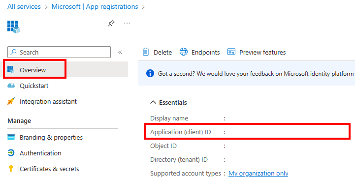 Skärmklipp av applikations-ID (klient) på fliken Översikt.