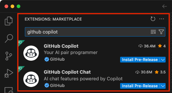 Skärmbild av GitHub Copilot-tillägget i Visual Studio Code.