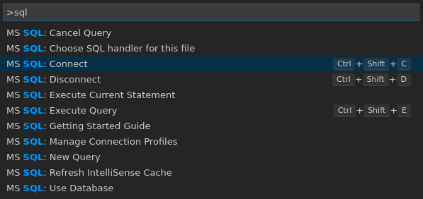 Screenshot of Visual Studio Code G U I, m s s q l commands.