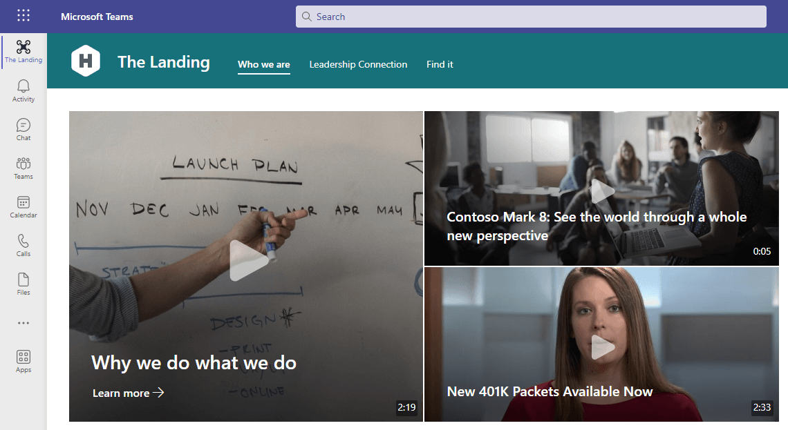 Startsidan för organisationens intranät visas via Viva Connections som en flik i Teams. Videor visas överst på sidan i hero-webbdelen.
