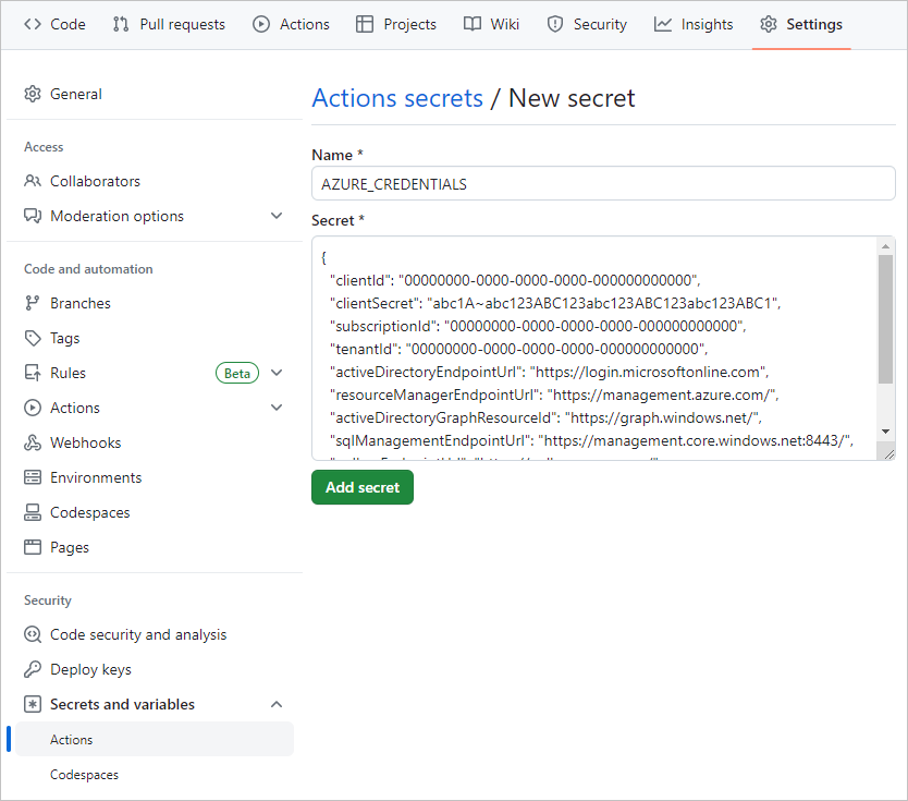 Skärmbild av sidan Ny hemlighet för att ange miljövariabelhemligheter i GitHub.