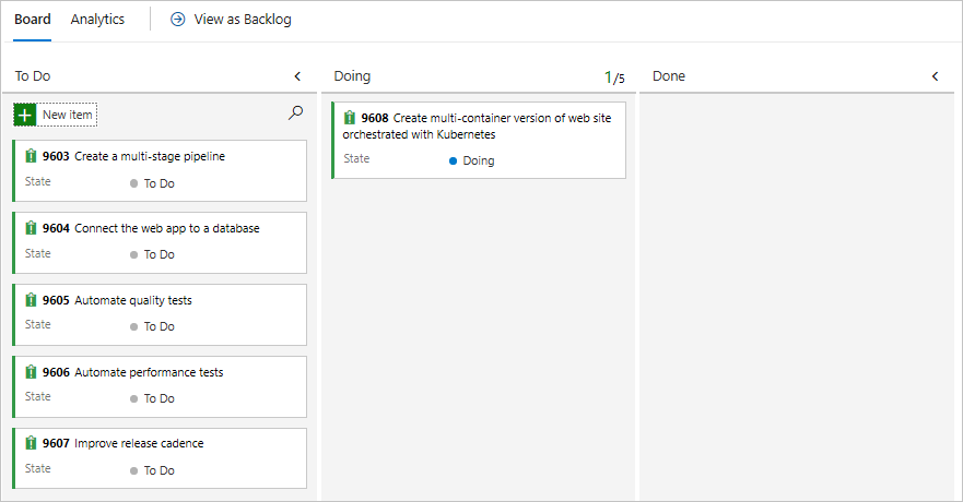 Screenshot of Azure Boards showing the card in the Doing column.