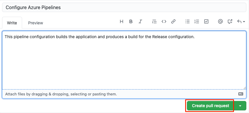 Skärmbild av GitHub som visar beskrivningen av pull-begäran och platsen för knappen Skapa pull-begäran.