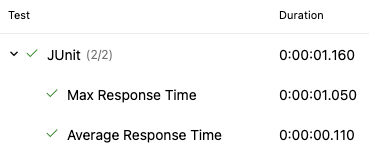Skärmbild av testrapporten som visar två lyckade testfall.