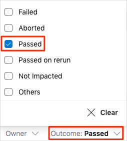 Skärmbild av filtrering av godkända tester i testrapporten.