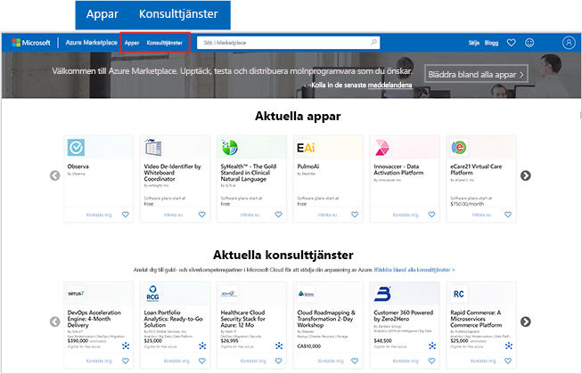 Skärmbild av startsidan för Azure Marketplace med fokus på appar och knappar för konsulttjänster.