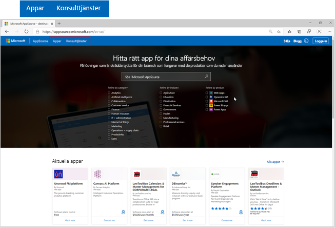 Skärmbild av Startsidan för Microsoft AppSource med fokus på appar och knappar för konsulttjänster.