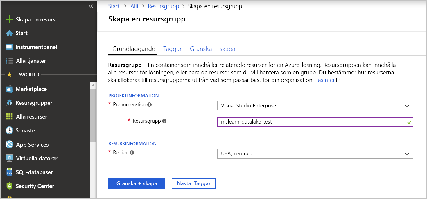 Screenshot showing Azure create a resource group pane.
